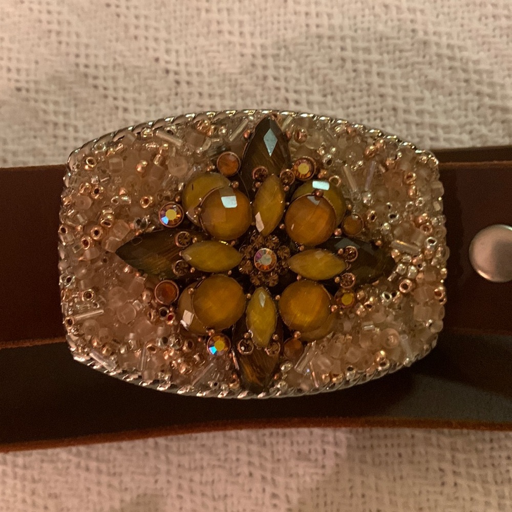 Handmade beaded buckle with leather belt